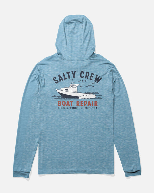 BOAT REPAIR BOYS HOOD SUNSHRT - Blue Heather | Salty Crew Premium